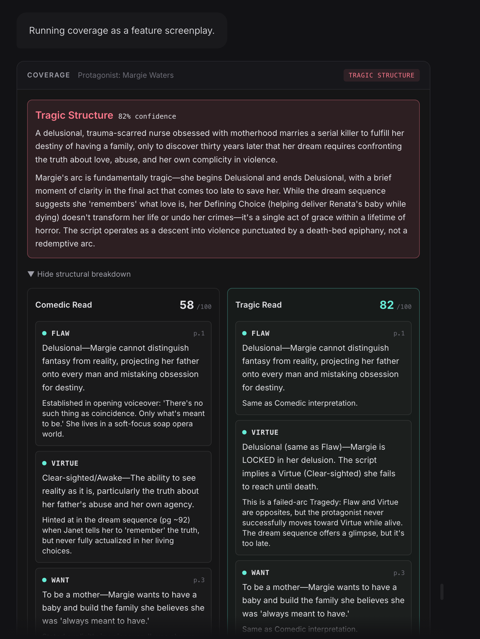 Full Coverage report with structural breakdown, overall notes, and Prospects section showing comparable films, budget tier, distribution targets, and talent references